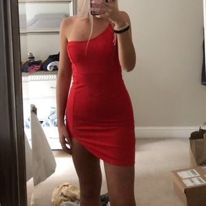 red one shoulder dress